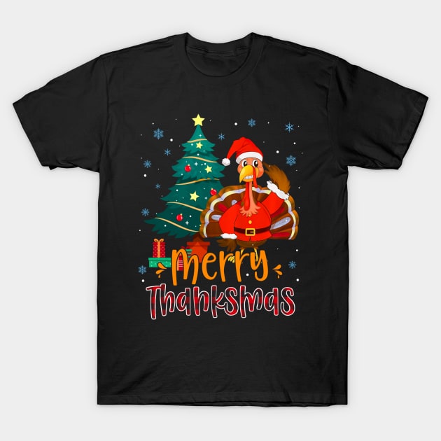 Turkey Santa Xmas Tree Merry Thanksmas Thanksgiving Christmas T-Shirt by Benko Clarence